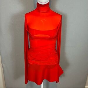 Mugler Red Ruched Mesh Bodysuit Mini Dress Size 36 FR Star Zipper *** Flaws